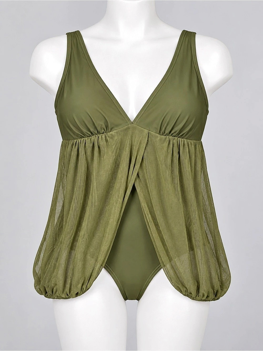 NWT SherryDC Olive Green Mesh Babydoll Swimdress One-Piece Swimsuit Large
